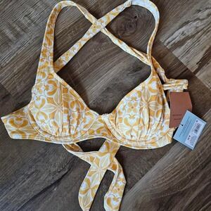 Shade & Shore Yellow White Floral Underwire Bikini Top 32B NWT Wrap Tie Swimwear
